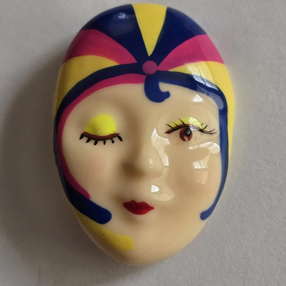 Vintage flapper brooch neon plastic woman head face art deco pin